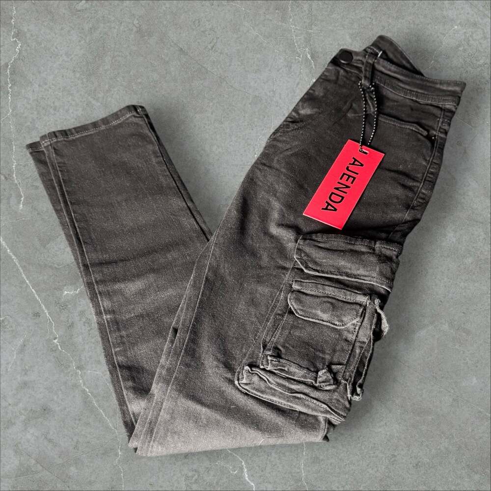 AJENDA Men's Black Slim Fit Cargo Denim Jeans